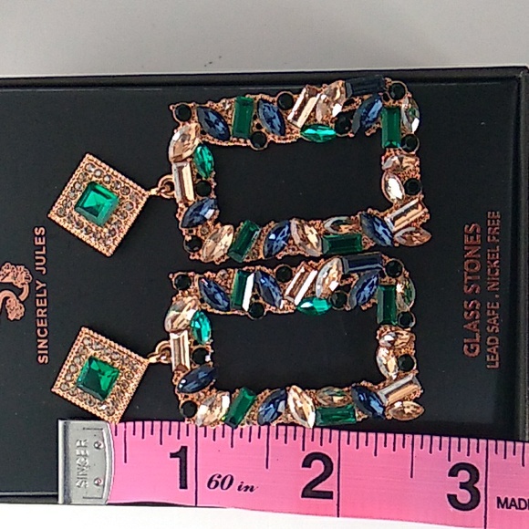 Emerald Green/ Blue Glass Stone Dangle Earrings - Picture 6 of 6